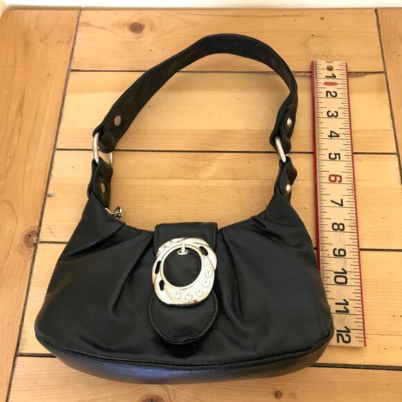 Black Faux Leather Mini Bag Purse with Silver-tone Rhinestone Buckle - Picture 5 of 9